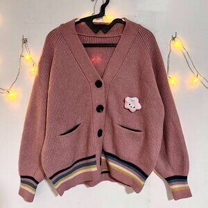 Cute Dusty Rose Cardigan Rainbow Stripe Detail
